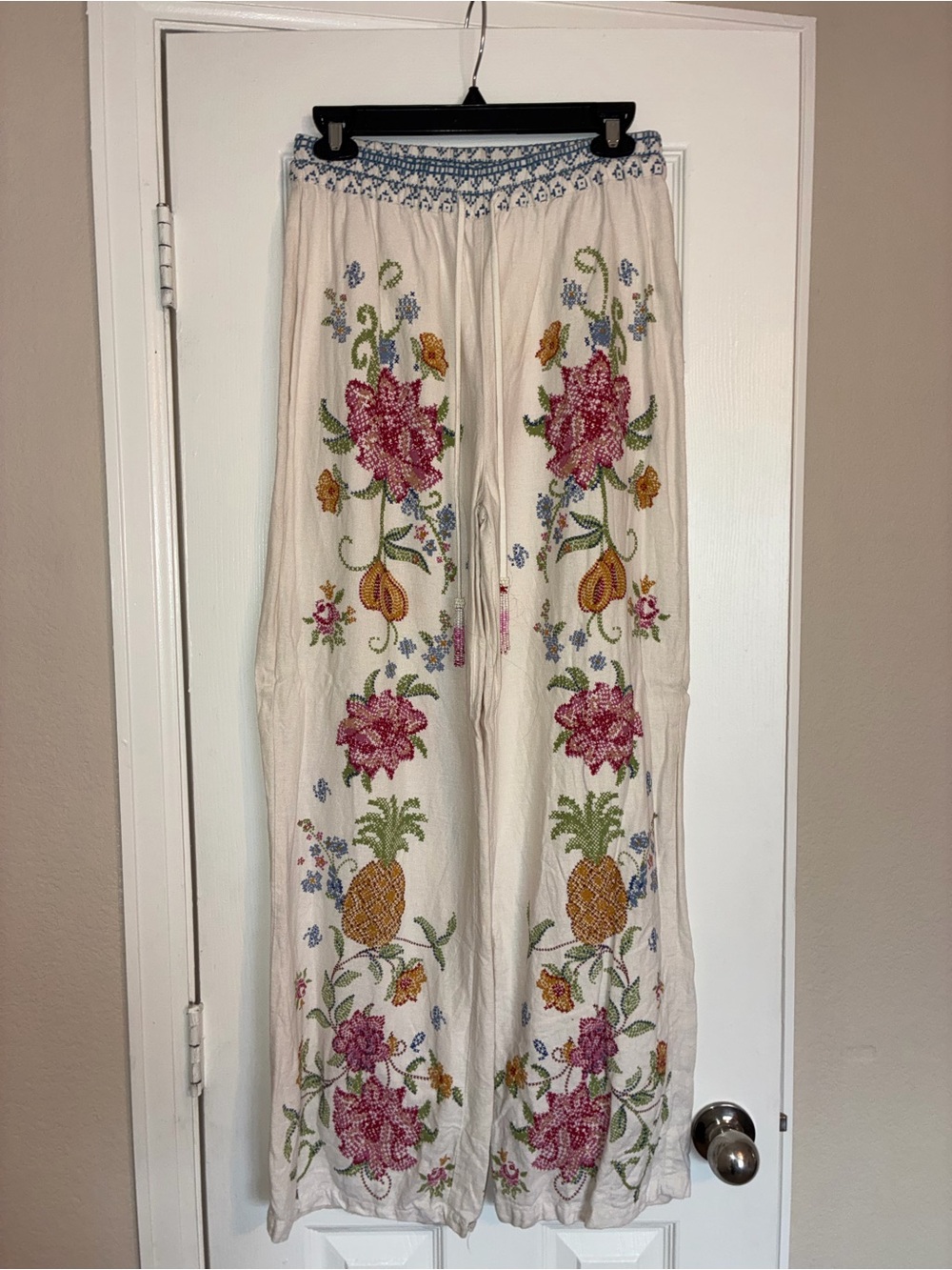 Floral Cream Pants With Beaded Drawstrings